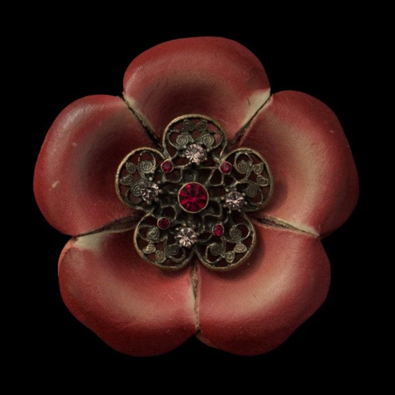 Vintage Burgundy Red Leather & Rhinestone Studded Metal Filigree Flower Brooch