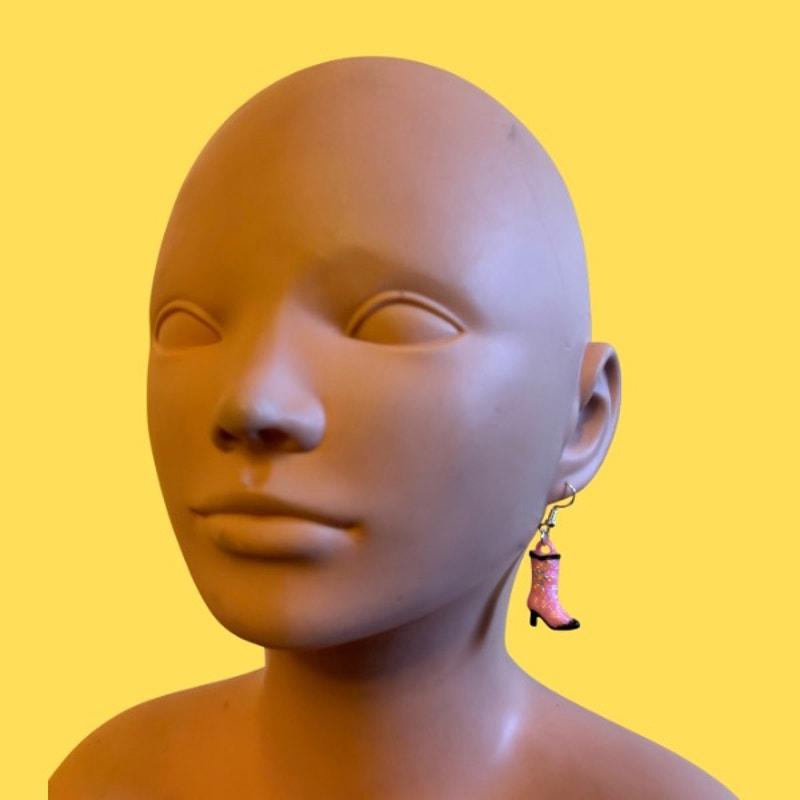 Pink/Black Handpainted Y2K Floral Cowgirl Boot Charm Earrings