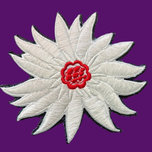 Large White and Red Edelweiss Blossom Vintage Embroidered Patch Pin
