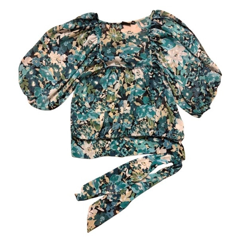 Sheer Blue/Green Floral Puffed Sleeve Peasant Top w/ Sash (L)