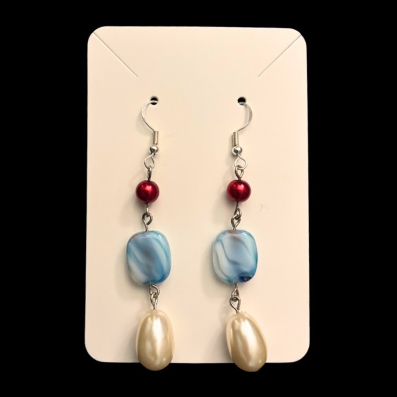 Baroque-Inspired Red, Marbled Sky Blue, & Pearl Bead Drop Earrings