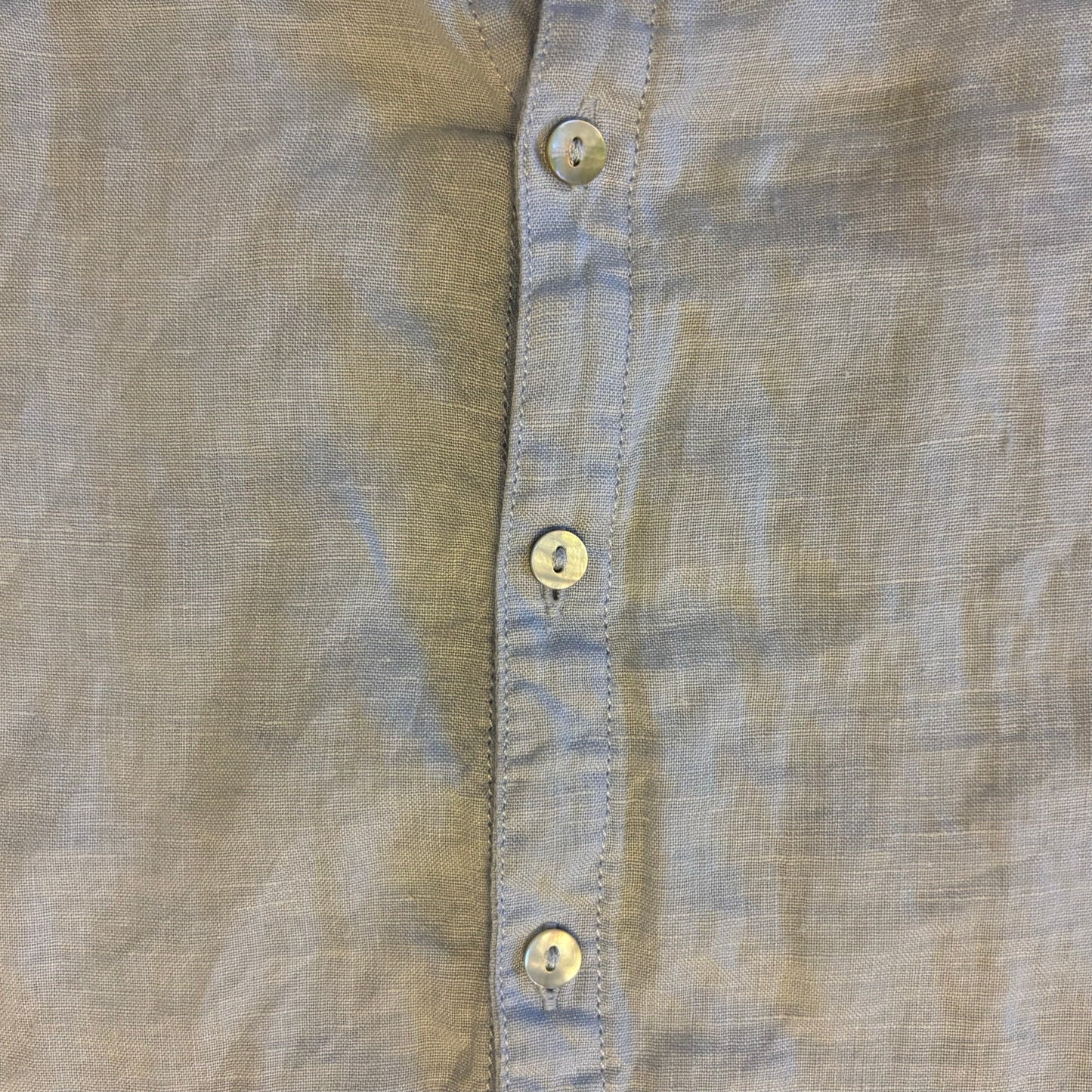 Vintage Sun & Moon Patch Sky Blue Linen Button Down Short Sleeve Shirt (Large)