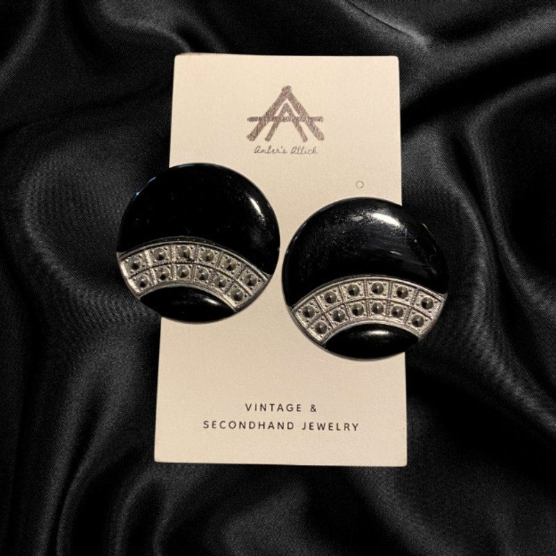 Vintage Art Deco Black and Silver Enamel  Disc Earrings