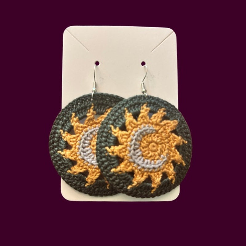 Forest Green Sun and Moon Micro-crocheted Disc Earrings | Made by Maya
