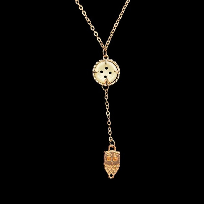 White Button & Gold Owl Charm Layered Drop Pendant Necklace