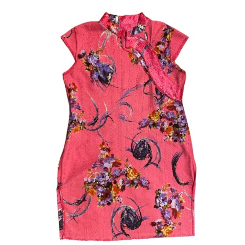 Vintage Hot Pink Chinese Silk du Jin Floral Qipao Mini-Dress (L)