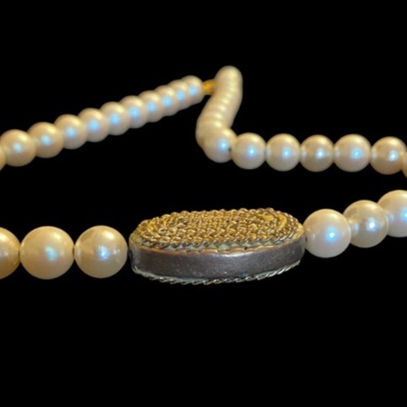 Oval Bronze Accent Mock Pearl Necklace | Handmade with Vintage Beads