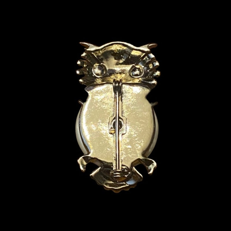Vintage Pearly White  “Jelly Belly” Gold Toned Green-Eyed Owl Brooch
