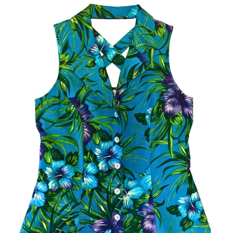 Vintage Blue & Purple Hibiscus Floral Print Sleeveless Button Down A-Line Tea Length Dress (M)