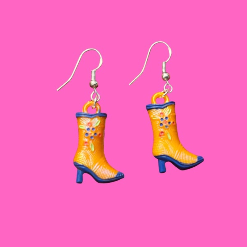 Orange/Blue Handpainted Y2K Floral Cowgirl Boot Charm Earrings