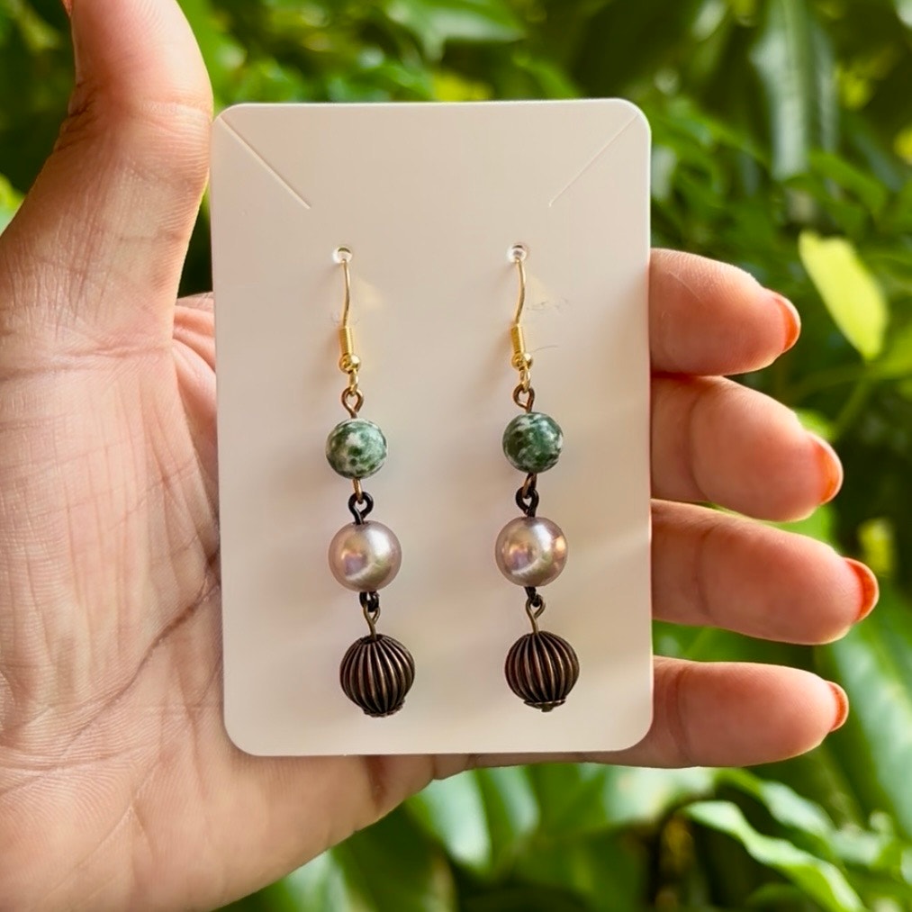 Baroque-inspired Marbled Green, Rose Gold Pearl, & Bronze Beaded Drop Earrings