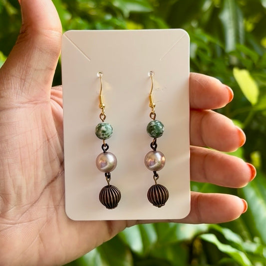 Baroque-inspired Marbled Green, Rose Gold Pearl, & Bronze Beaded Drop Earrings