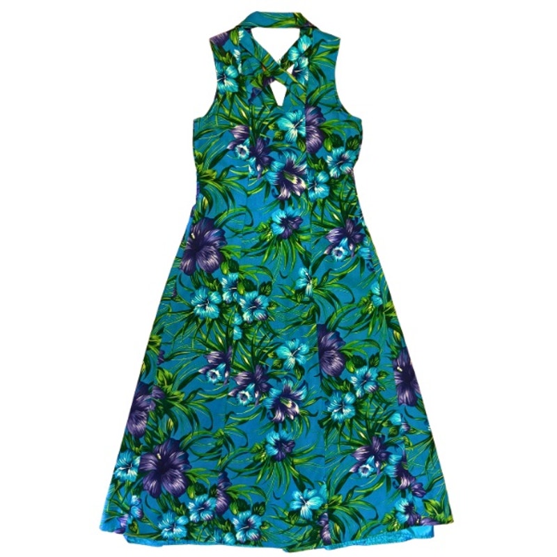Vintage Blue & Purple Hibiscus Floral Print Sleeveless Button Down A-Line Tea Length Dress (M)