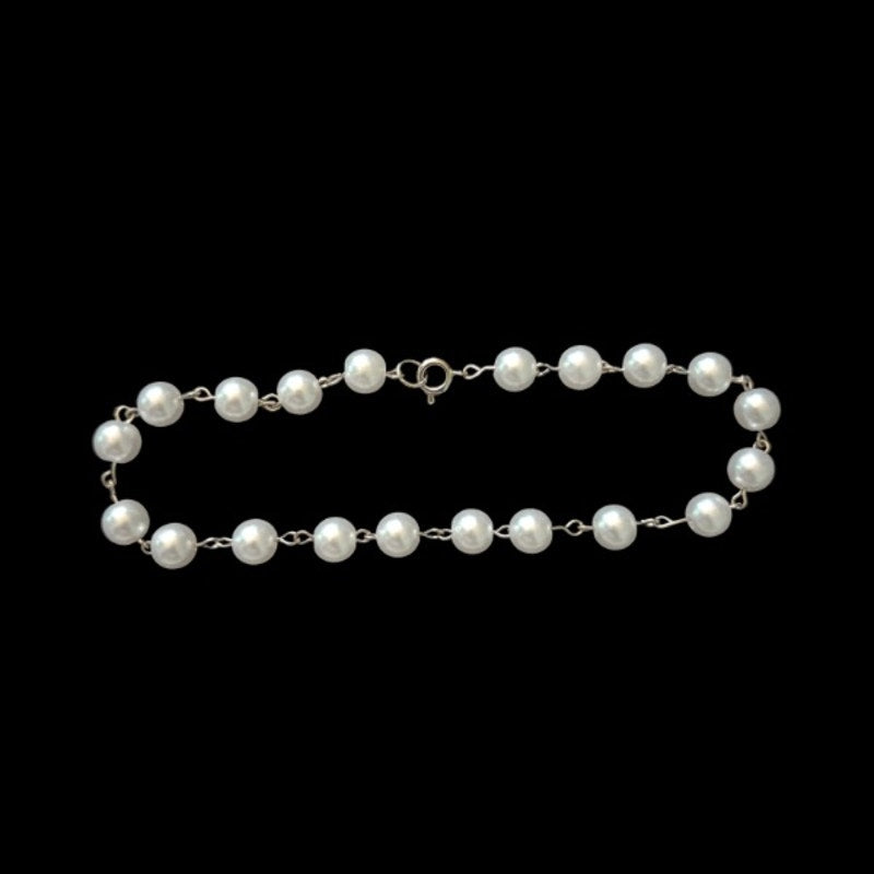 Silver White Pearl Beaded Chain Anklet (L)