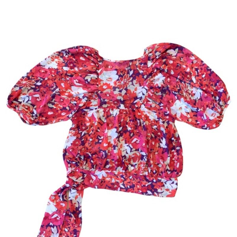 Sheer Pink/Purple Floral Puffed Sleeve Peasant Top w/ Sash (L)