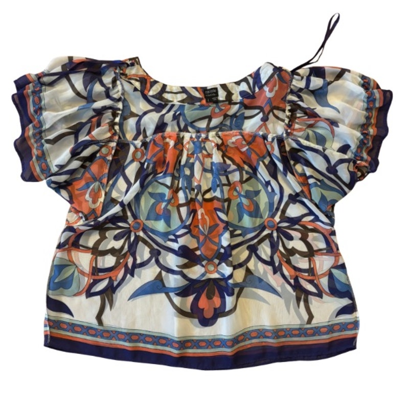 Sheer Orange/ Purple/ White Floral Print Short Sleeve Peasant Babydoll Top (L)