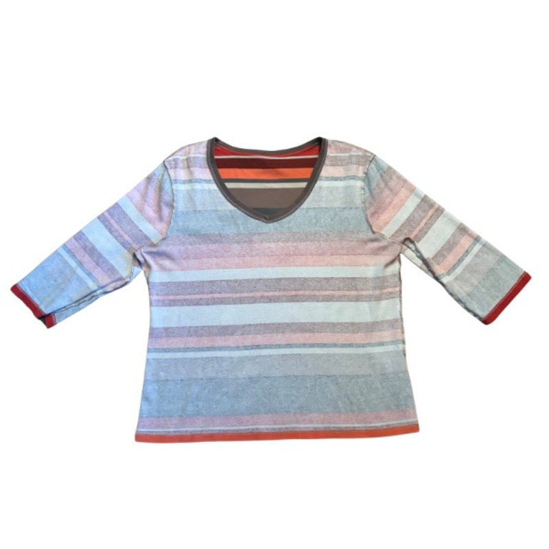 Vintage Sun and Moon Patch Coral Pink/Green Striped 3/4 Sleeve Cotton V-Neck Top (L-XL)