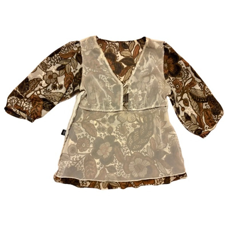 Y2K Earthy Burnt Orange, Cream, and Green Sheer Floral Puff Sleeve Blouse (M)