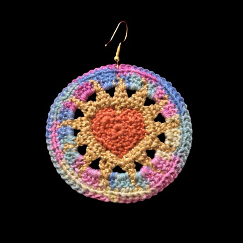 Orange, Gold, & Rainbow Hearts on Fire Micro-crocheted Disc Earrings