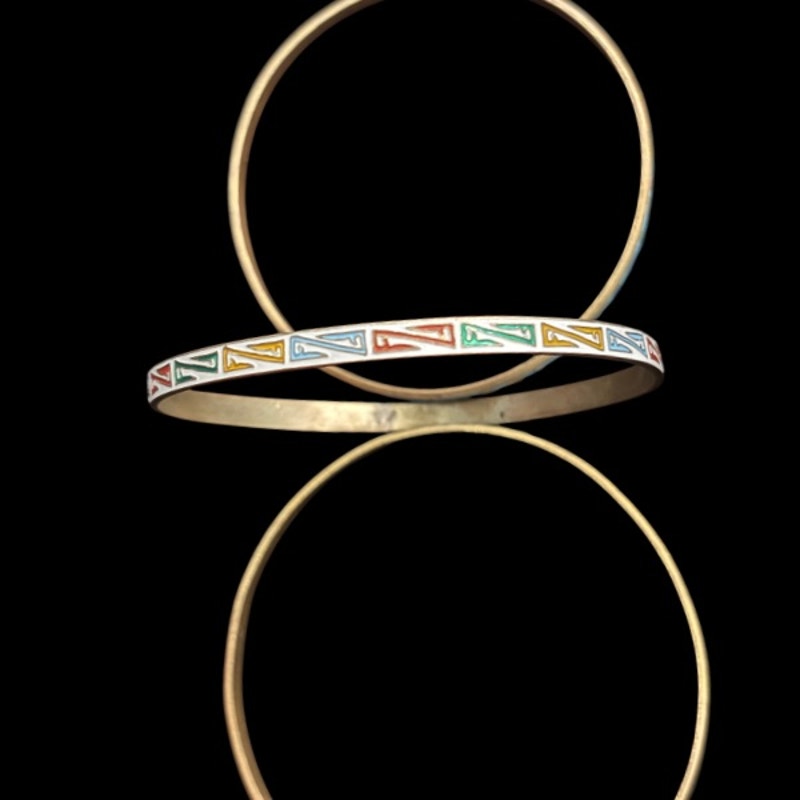 White/ Rainbow “Z” Pattern Vintage Cloisonné Bangle (Small - Medium)