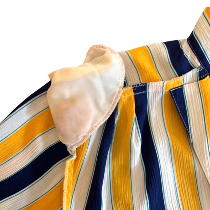 Vintage Textured Satin Yellow, White, & Blue Striped Short Sleeve Shirt (M/L)