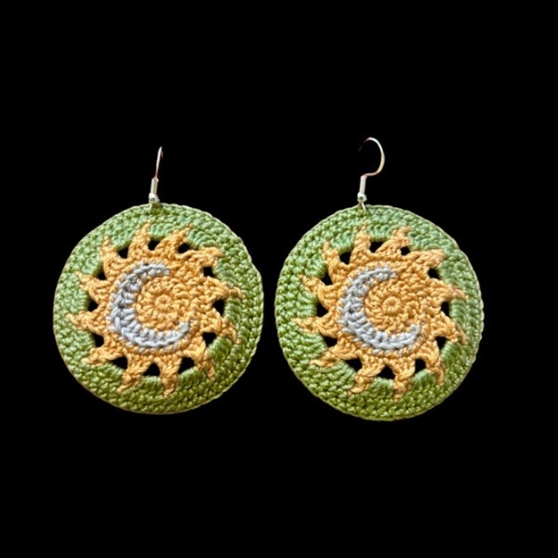 Sage Green Sun and Moon Micro-crocheted Disc Earrings | Made by Maya