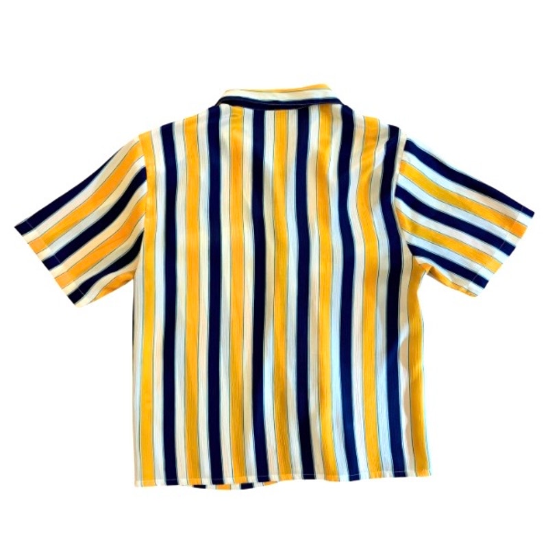 Vintage Textured Satin Yellow, White, & Blue Striped Short Sleeve Shirt (M/L)
