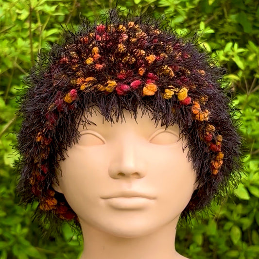 Hand-knit Fuzzy Orange, Red & Black Headband/ Ear Warmer (S/M)