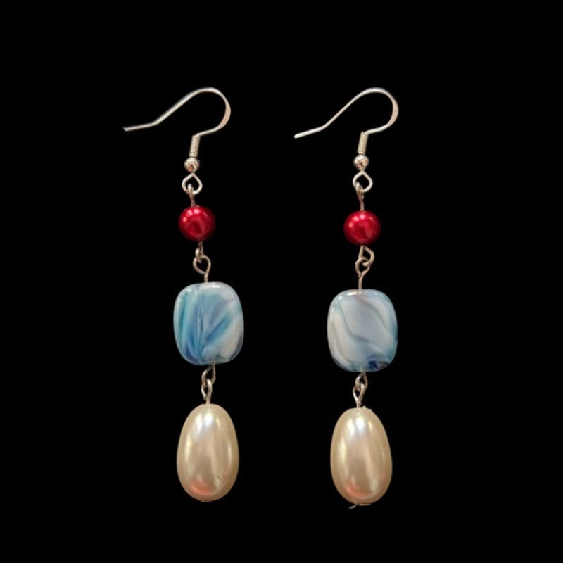 Baroque-Inspired Red, Marbled Sky Blue, & Pearl Bead Drop Earrings