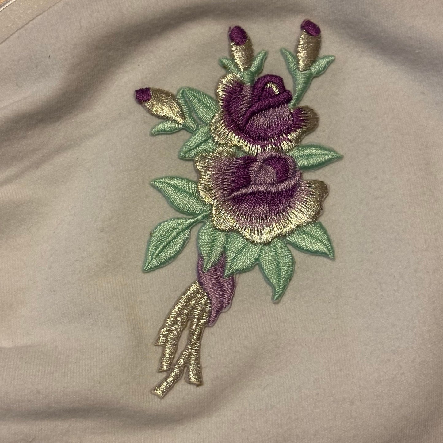 Vintage Purple Rose Bouquet Flower Patch Embellished White Camisole (Medium-Large)