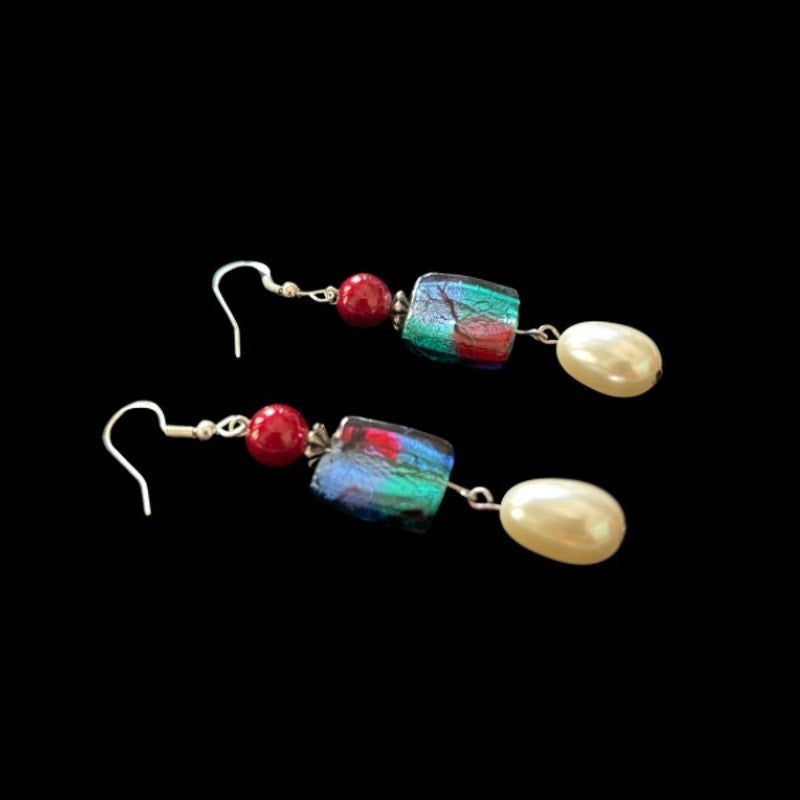 Baroque-Inspired Red, Multi Blue, & Pearl Bead Drop Earrings