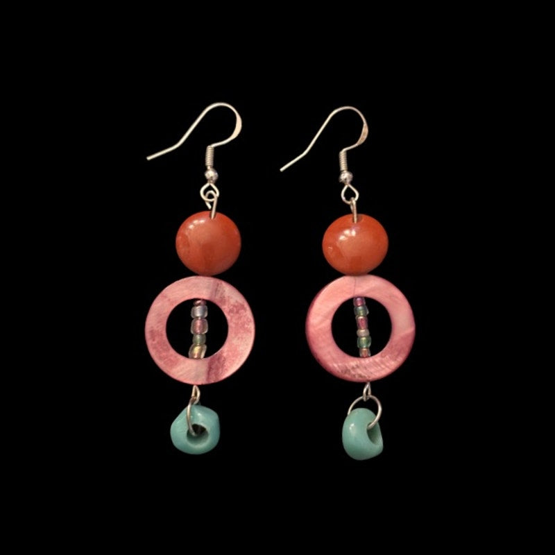 Burnt Orange, Fuchsia Pink Mother-of-Pearl Ring, & Teal Bead Drop Earrings