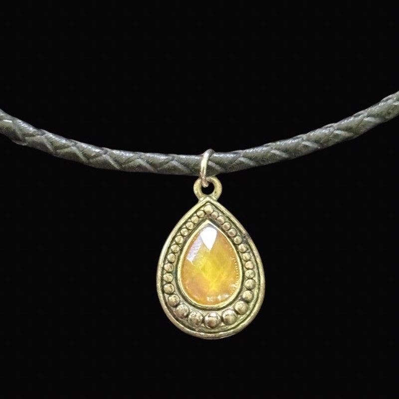 Faux Yellow Topaz & Silver Teardrop Pendant Leather Cord Choker Necklace