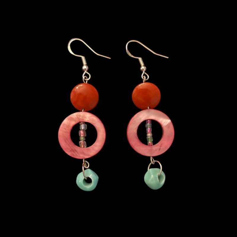 Burnt Orange, Fuchsia Pink Mother-of-Pearl Ring, & Teal Bead Drop Earrings