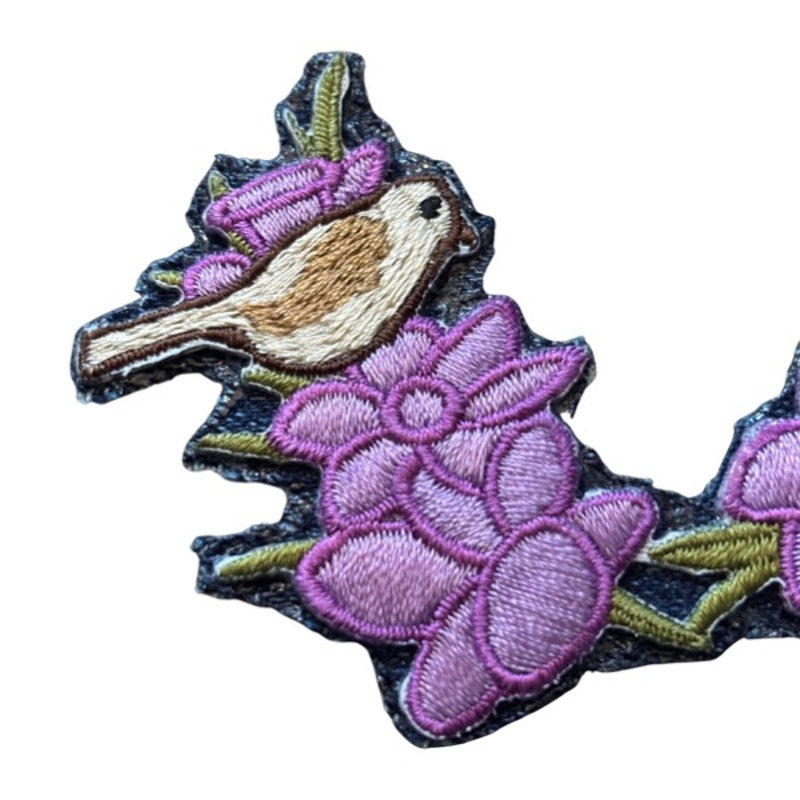 Bird and Purple Flowers Vintage Embroidered Patch Pin