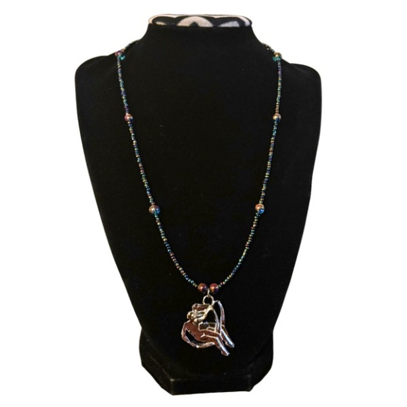 OOAK Metallic Purple/Blue/Green Beaded Silver Gemini Pendant Necklace
