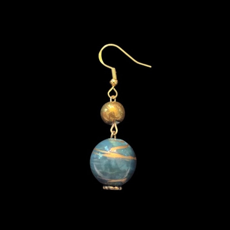 Baroque-inspired Gold and Marbled Green Beaded Drop Earrings