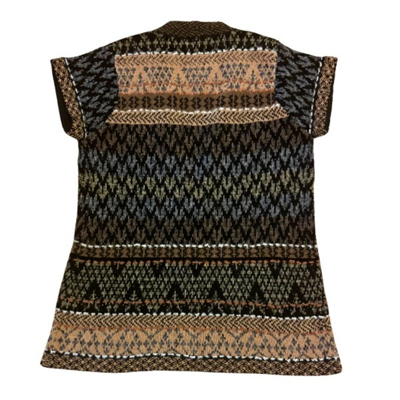 Y2K Black & Brown Fair Isle Knit Short-sleeve Wooden Button Cardigan (6-8)