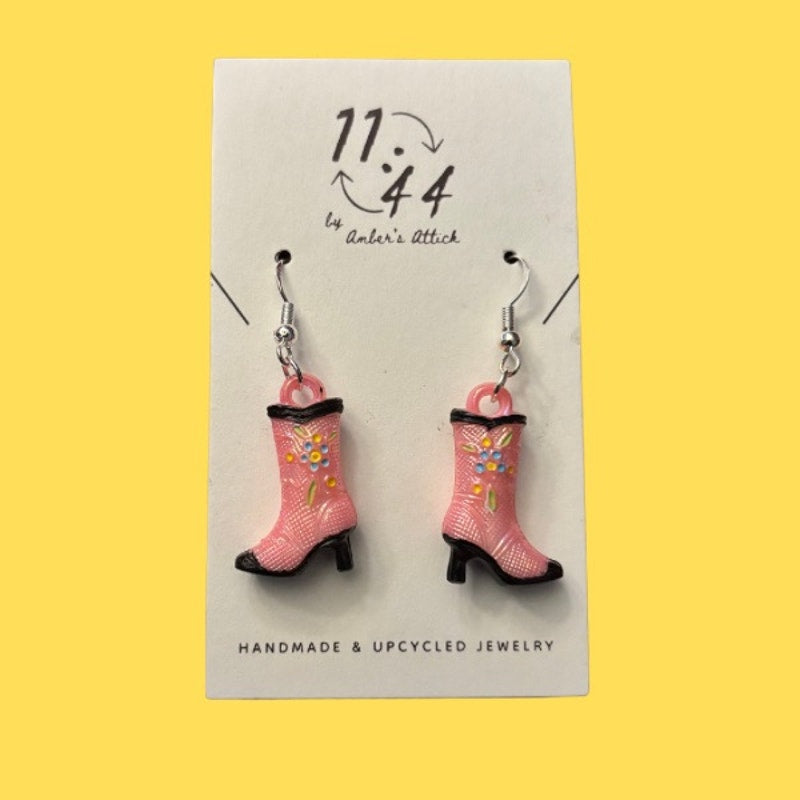 Pink/Black Handpainted Y2K Floral Cowgirl Boot Charm Earrings