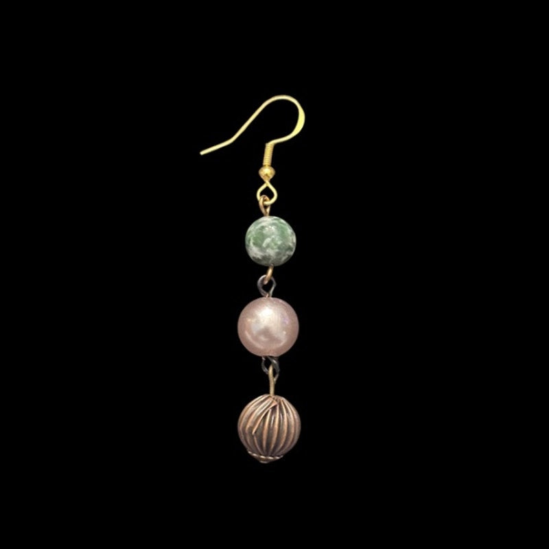 Baroque-inspired Marbled Green, Rose Gold Pearl, & Bronze Beaded Drop Earrings