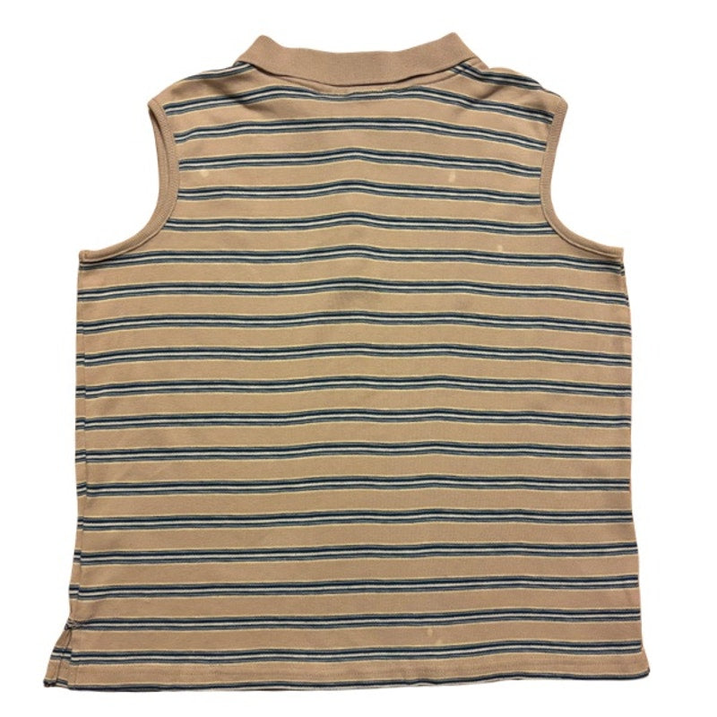 Vintage Embroidered Daisy Patch Striped Sand/Blue Cotton Quarter Button Down Sleeveless Shirt (Large)