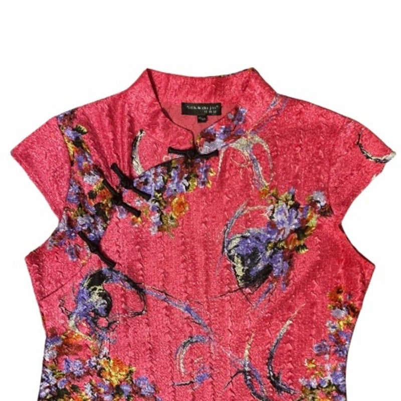 Vintage Hot Pink Chinese Silk du Jin Floral Qipao Mini-Dress (L)