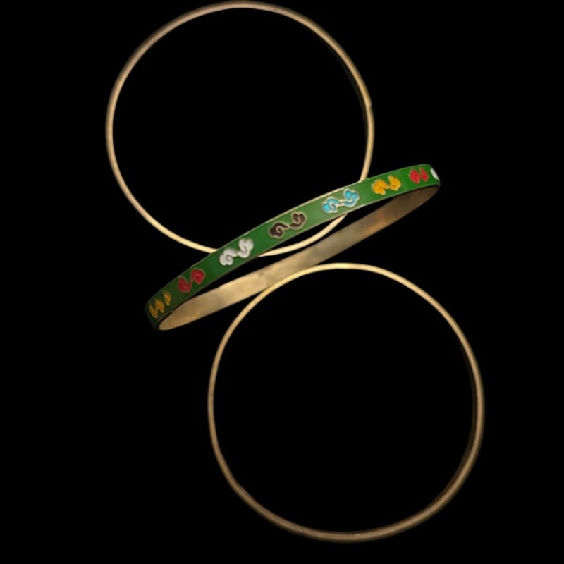 Green/Multi Scroll Vintage Cloisonné Brass & Enamel Bangle (Small)