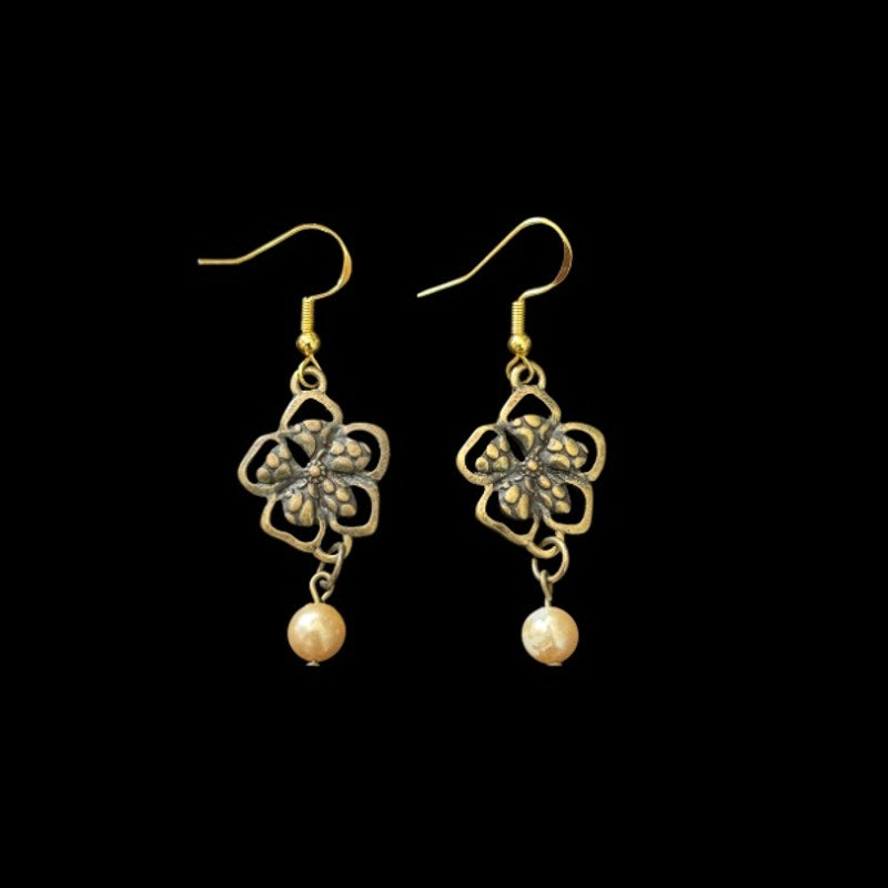 Baroque-Inspired Bronze Flower & Cream Pearl Drop Earrings