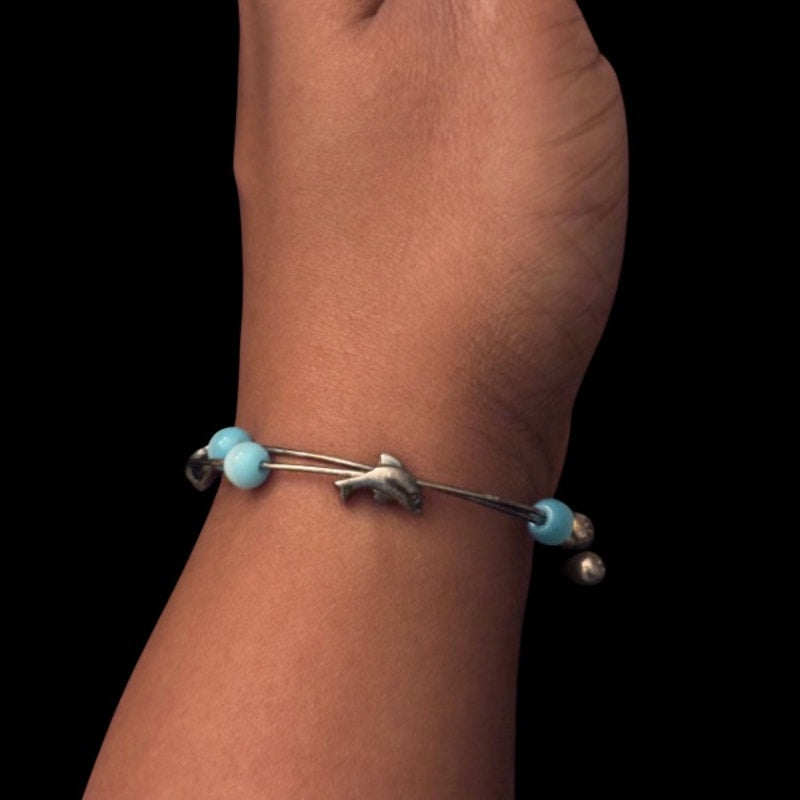 Vintage Silver Dolphin & Aquamarine Bead Wire Cuff Bracelet