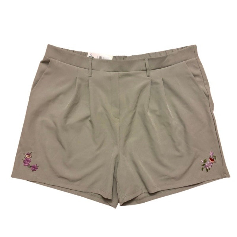 Vintage Birds and Purple Flowers Patch Embellished Sage Green NWT High-Waisted Shorts (XXL)