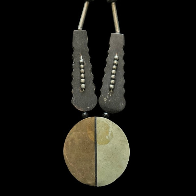 Vintage Black, Bronze & Silver Beaded Mixed Metal & Wood Disc Pendant Necklace
