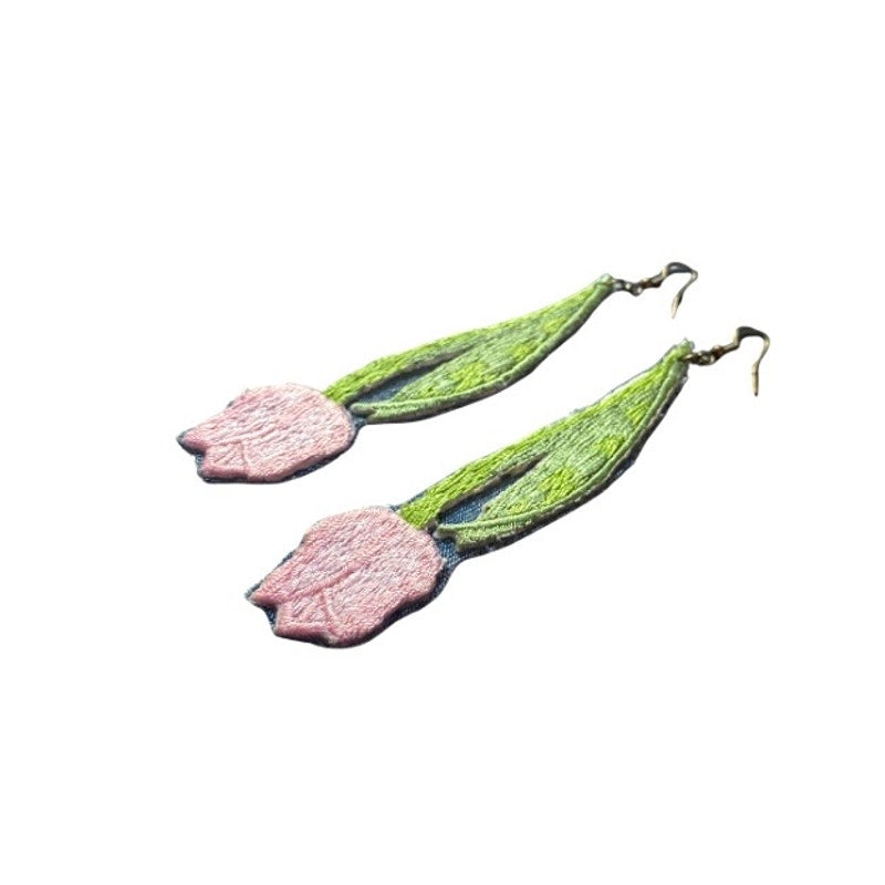 Upcycled Vintage Pink Tulip Embroidered Patch + Denim Earrings (Upside Down)