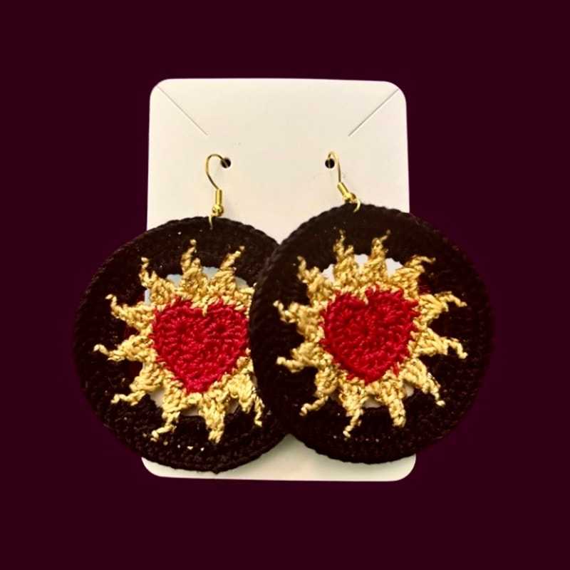 Red, Gold, & Black Hearts on Fire Micro-crocheted Disc Earrings