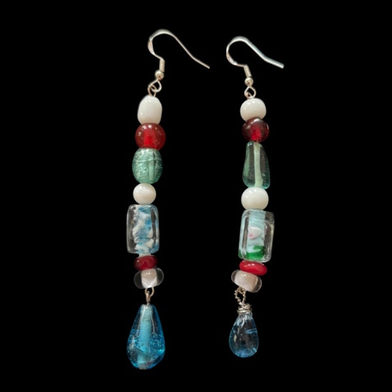 Abstract Red, White, and Blue Stacked Glass Bead Drop Earrings